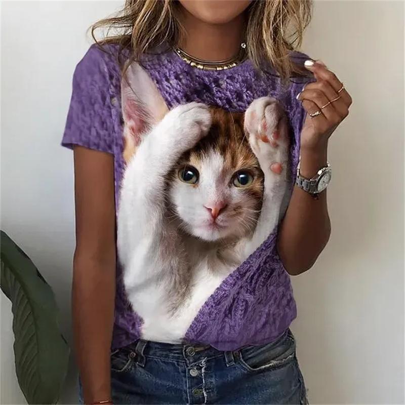 Women's T Shirts Funny 3D Kawaii Cat Print T-Shirts Fashion O-neck Short Sleeve Top Oversized Female Y2k Clothing Cute Girl Tees