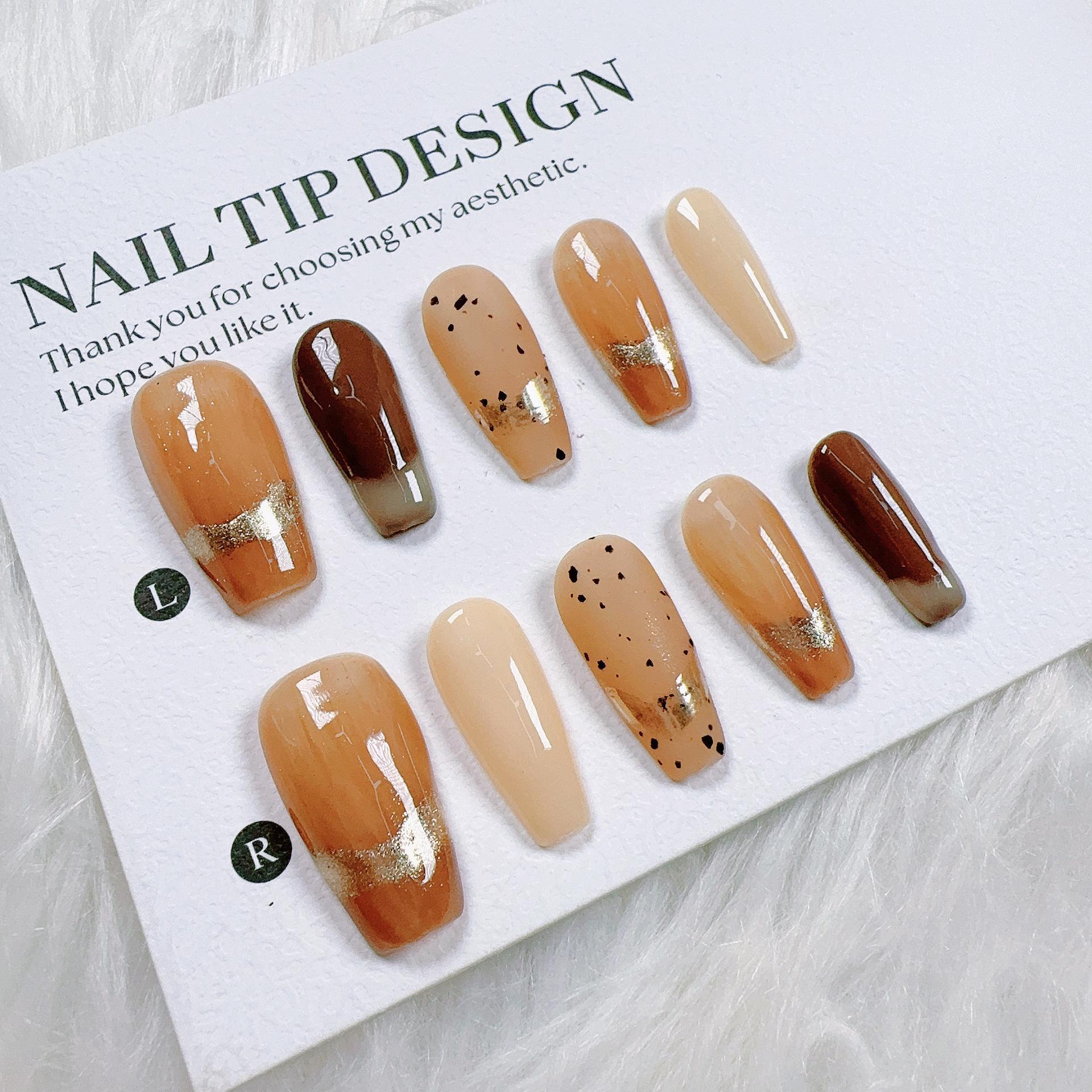 Warm French Gold-Plated Matte Gradient Press-On Nails in Autumn Brown