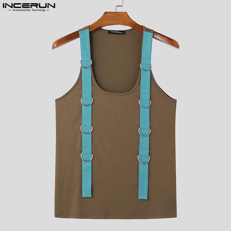INCERUN Mens Summer Sleeveless Patchwork Strap Solid Color Casual Tank Tops