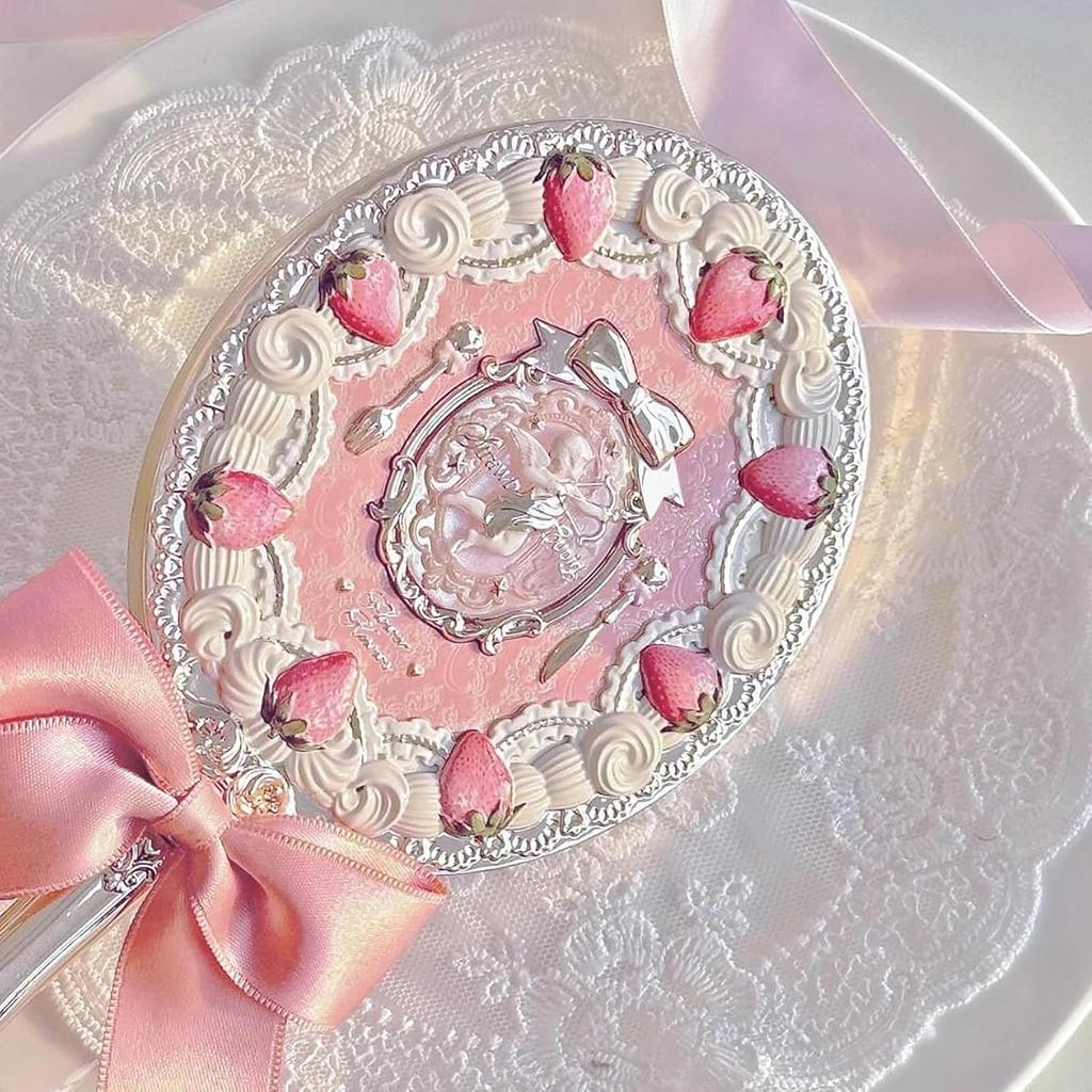 Flower Knows Strawberry Cupid Hand Mirror,Vintage Handheld Mirror,Fancy & Pretty Princess Mirror with Long Handle,Gift for Girls & Women(Milk Pink)