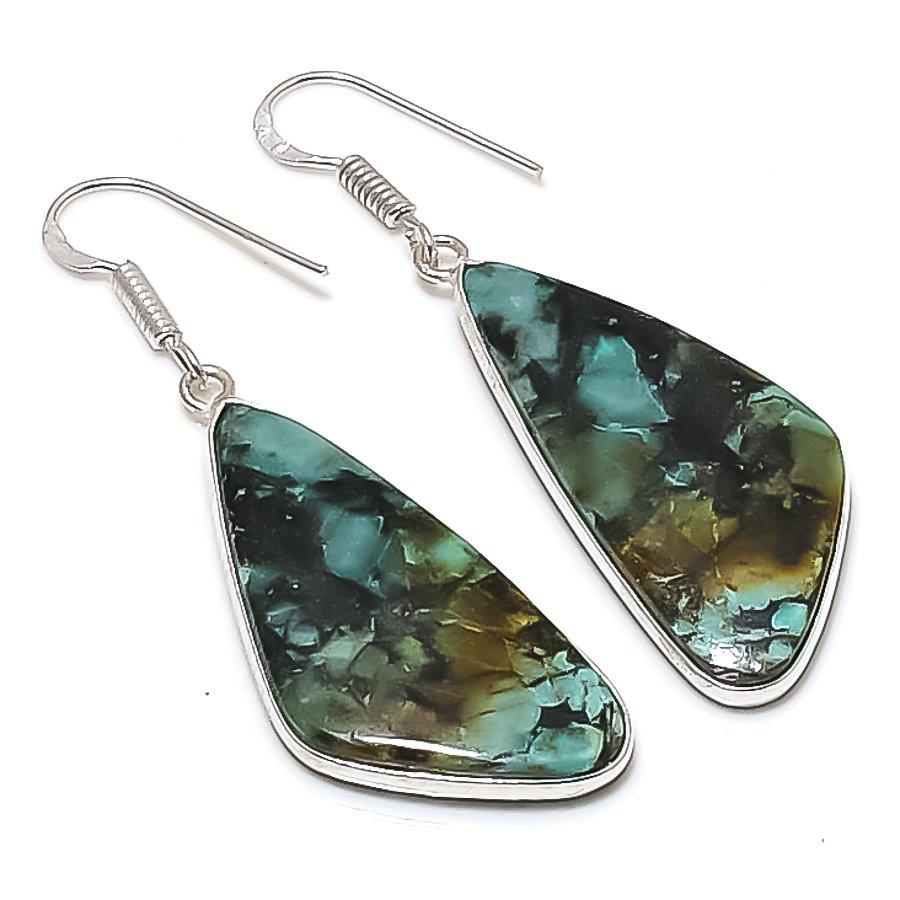 Natürlicher tibetischer Türkis Edelstein 925 Sterling Silber Ohrring 5,5 cm AE-11605