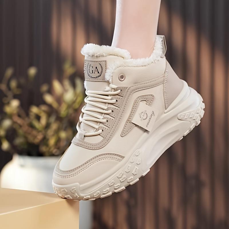 Stivaletti da Donna Invernali Caldi con Fodera in Pile, Alti alla Caviglia, con Spessa Suola Antiscivolo Beige, Scarpe Stringate per Tempo Freddo, Stivali Invernali