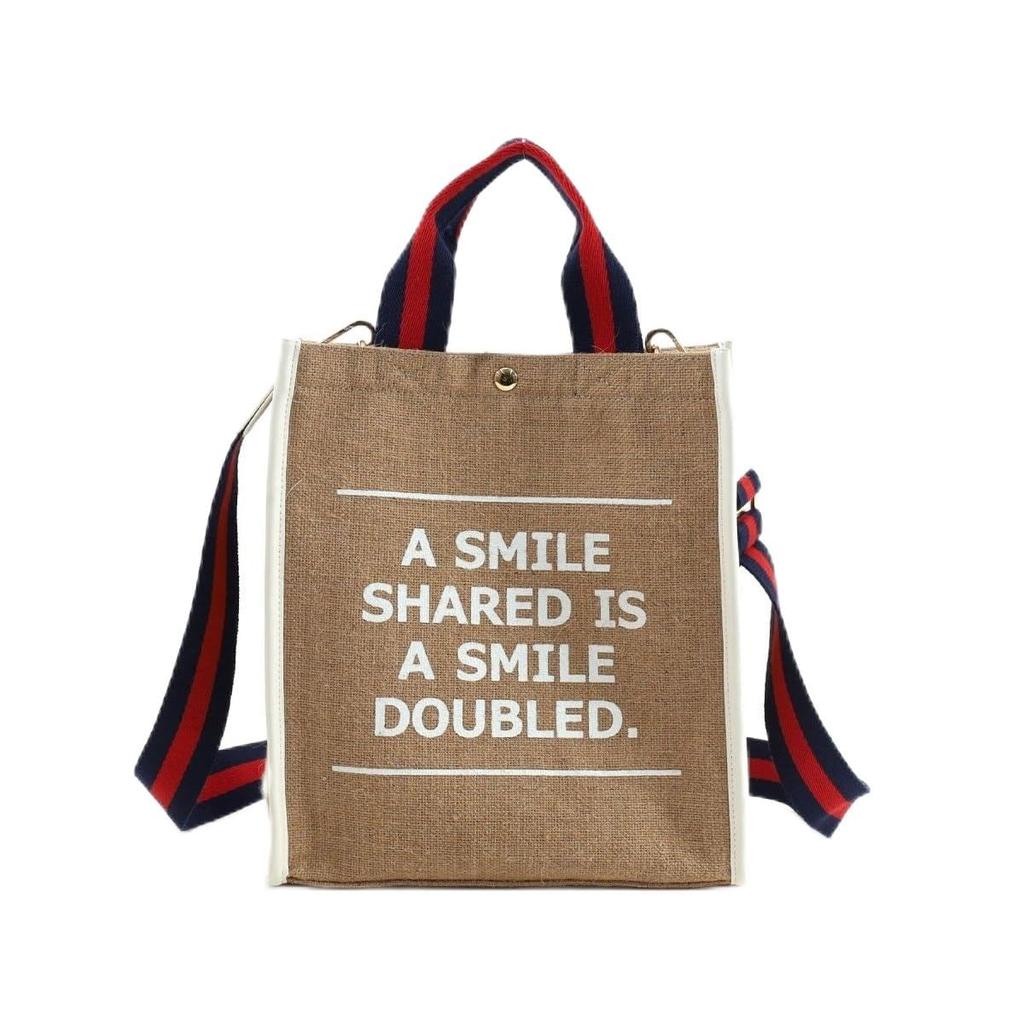 Cuco SMILEY Tape Handle Linen 2-Way Tote Bag, 2513111701, White (001)