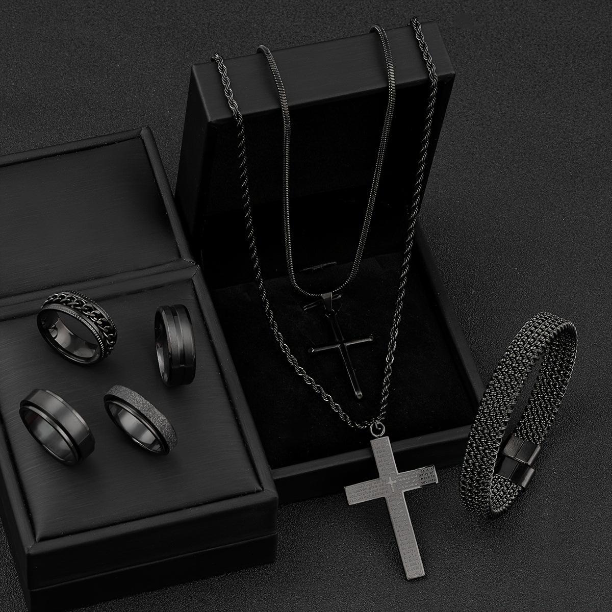 

Stainless Steel Necklace Matte Rotatable Ring Men s High-end Non-fading Titanium Steel Jewelry Set Factory Black seven-piece set