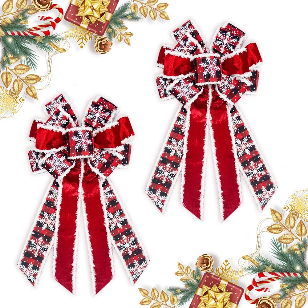 

Large Christmas Bows for Wreath Red Velvet Red Black Buffalo Plaid Bows for Front Door Snowflake Decor Bow for New Year 20.87 x 11.42 in