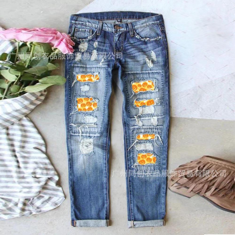 Women's Mid Rise Straight Leg Distressed Halloween Pumpkin Ghost Patch Print Long Denim Pants Summer Street Jeans