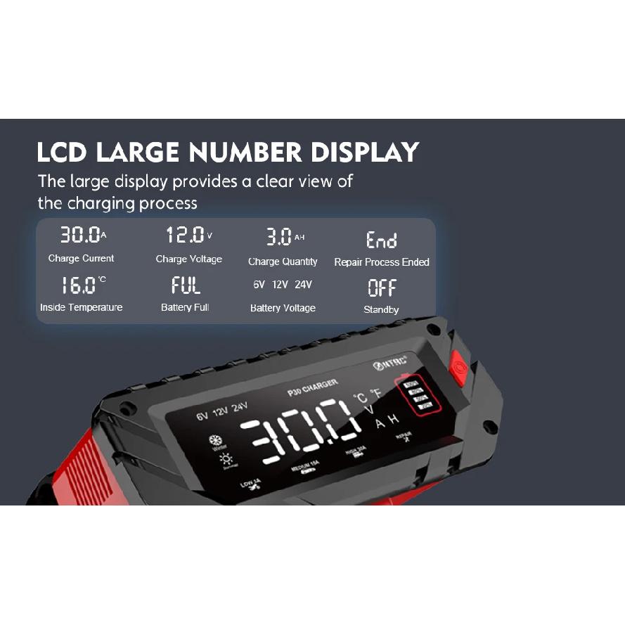HTRC 30A/26A 6V/12V/24V Car Battery Charger for Motorcycle Lead-Acid SLA Gel Lithium LiFePo4 Portable Smart Battery Charger