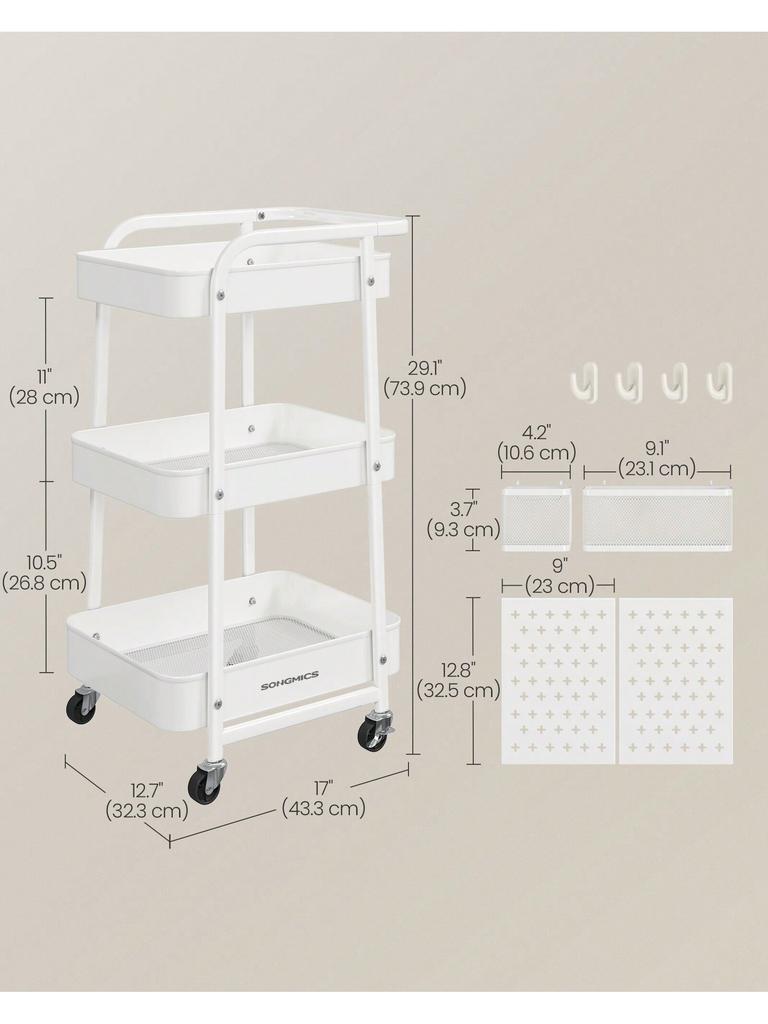 SONGMICS 3-Tier Storage Cart, Rolling Utility Cart, Metal Mesh Shelves, 2 Removable Pegboards, 2 Hanging Holders, 4 Hooks