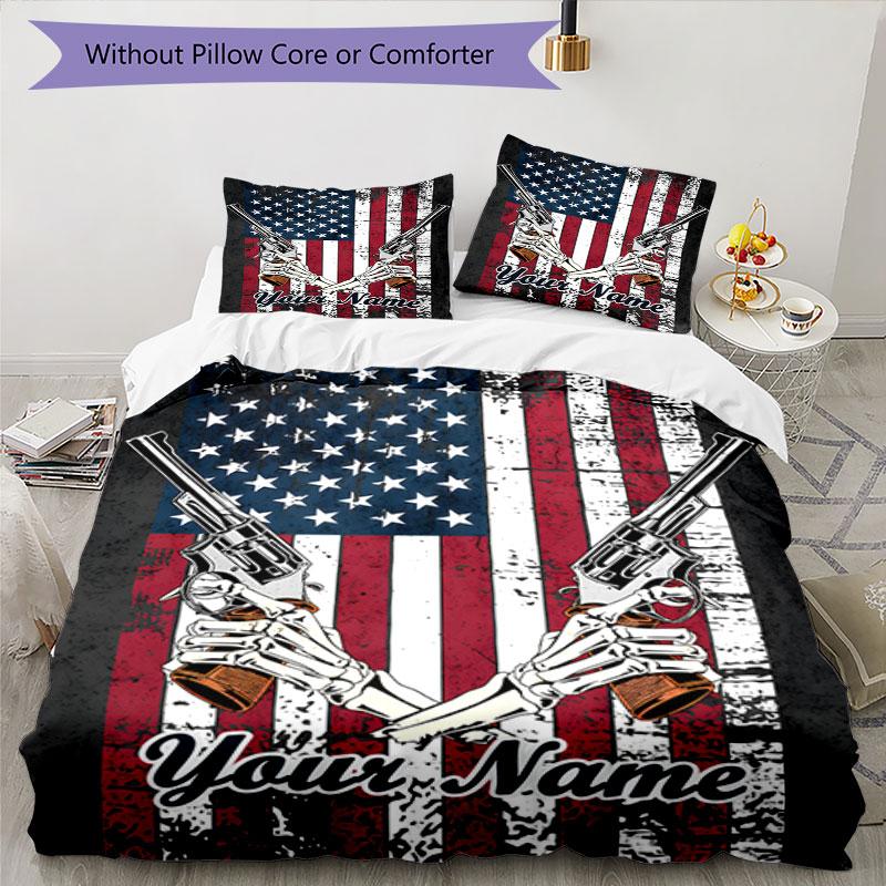 3PC Custom Name American Flag Revolver Bedding Set Duvet Cover Closure Includes 1 Duvet Cover & 2 Pillowcases for Bedroom