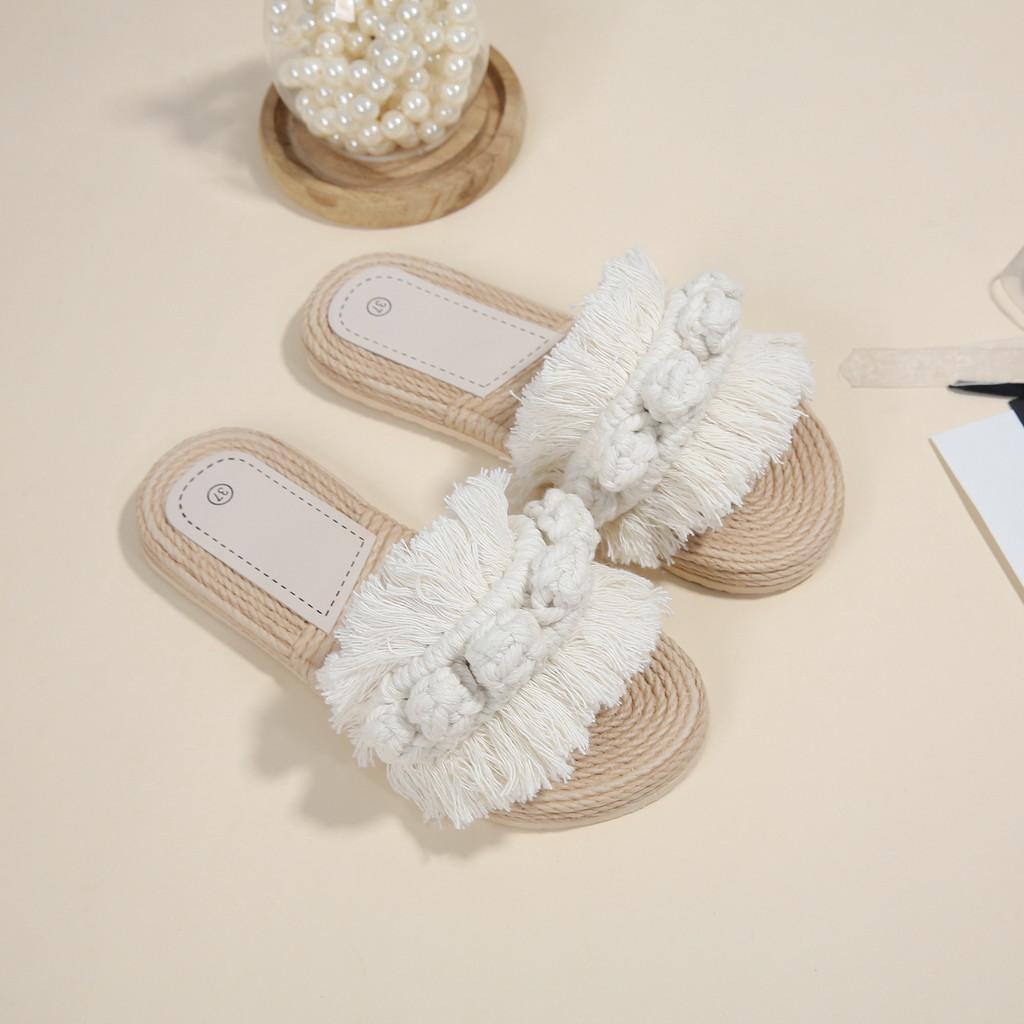 Cotton Thread Handwoven Tassel Ladies Summer Flat Slippers With Non Slip Sole For Casual Wear