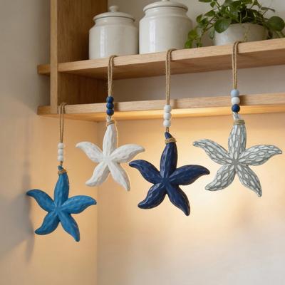 Starfish Wooden Hanging Wall Decor Nautical Coastal Theme Starfish Beaded Ornament with Hemp Rope for Living Room Bedroom Bathroom