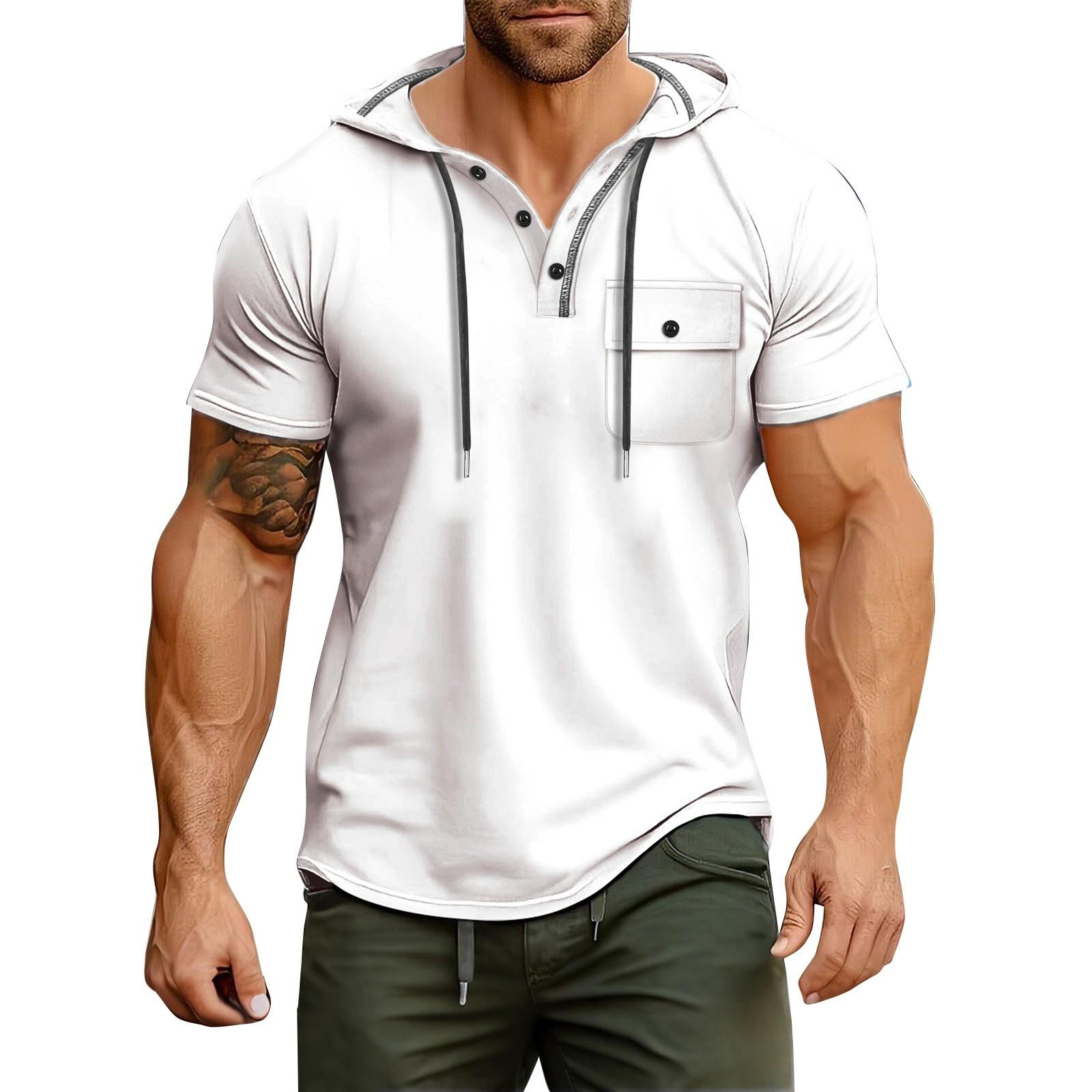 

Мужская летняя толстовка с капюшоном с карманом на пуговицах и коротким рукавом, мужская спортивная повседневная толстовка большого размера XL белый