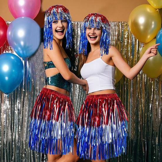 Yousheng Folien Lametta Perücken und Kostüm Disco Themen Fransen Outfit mit elastischer Taille Metallic Cosplay Tanzzubehör