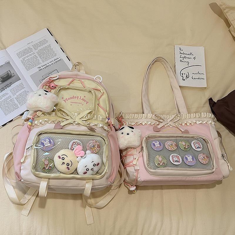 Women's Color Block College-Style Backpack with Ballet Ruffle Lace Design