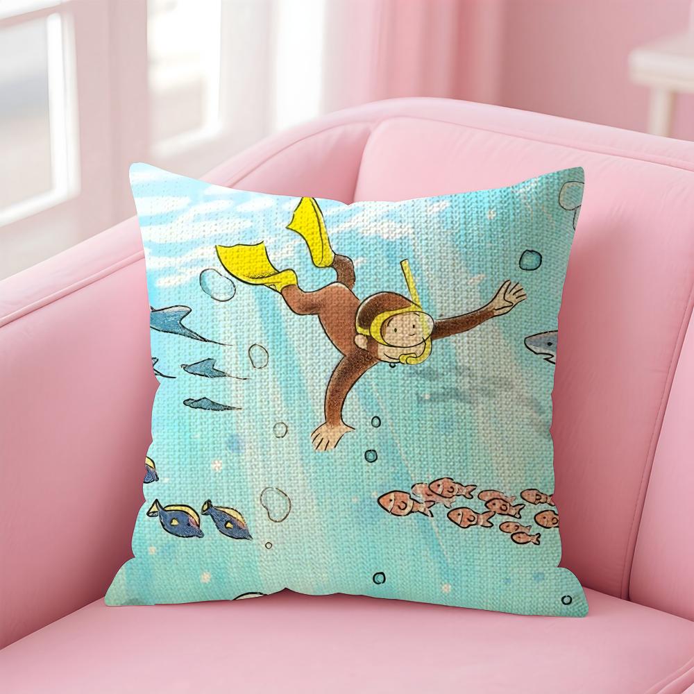Curious George Monkey Cute Cushion Cover Natural Linen Pillow Case DoubleSided Print Decorative Sofa Pillowcase Home Decor Gift