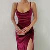 High Slit Bodycon Dress for Women Sleeveless Spaghetti Strap Going Out Midi Dress Sexy Cowl Neck Party Cocktail Dress