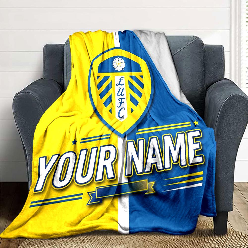 1pc Leeds United F.C. Blanket with Custom Name, Gift, for Men and Women, Soft Blanket, Good for Sofa Bed Couch Travel, Lightweight Flannel Blanket
