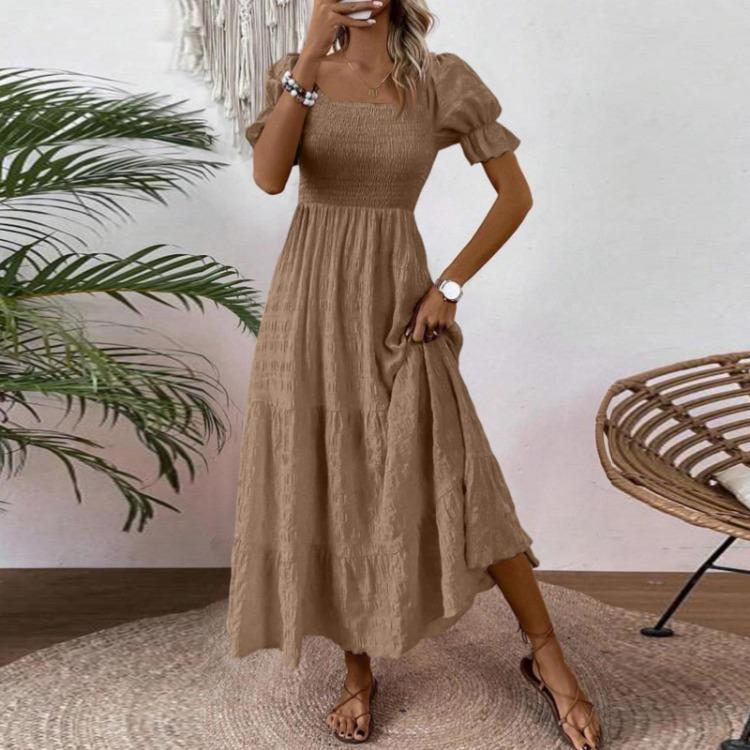 Women S Square Neck Puff Sleeve Maxi Dress Smocked Bodice Tiered Skirt with Pockets for Casual Wear