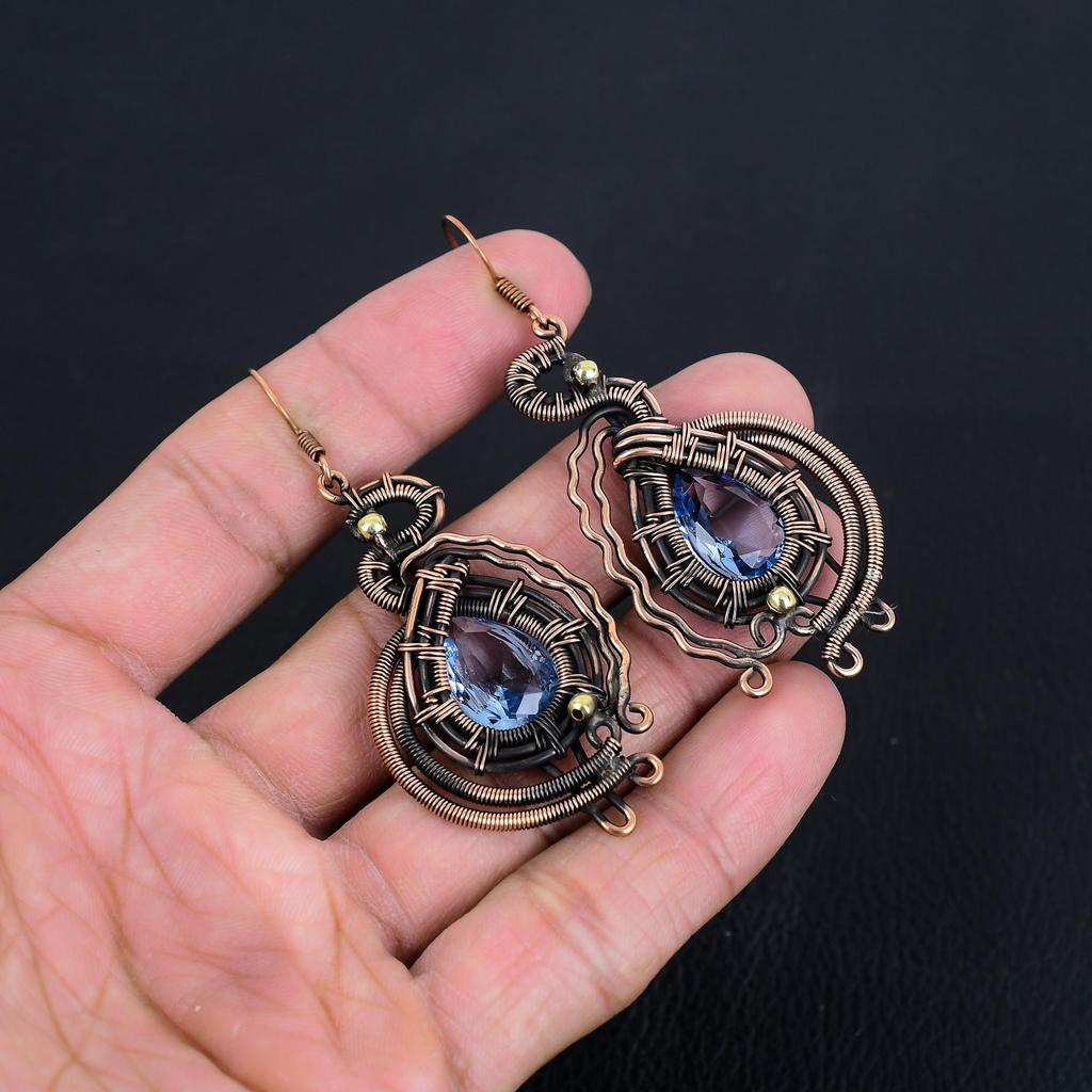 Iolite Earrings, 999 Copper Wire Wrapped Earrings Handmade Gemstone Jewelry, Gifts For Wife Brand New Earrings
