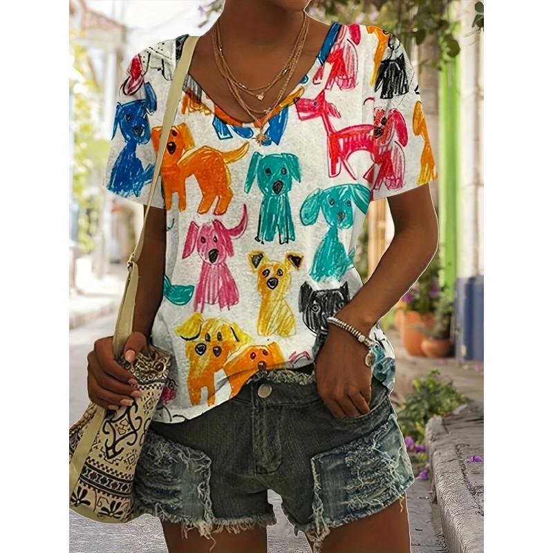 Womens V-Neck Short Sleeve T-Shirt With 3D Printed Striped Loose Fit Casual Chic Top 2025