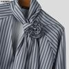 INCERUN Elegant Men Flower Tie Up Neck Long Sleeve Striped Casual Shirts Tops