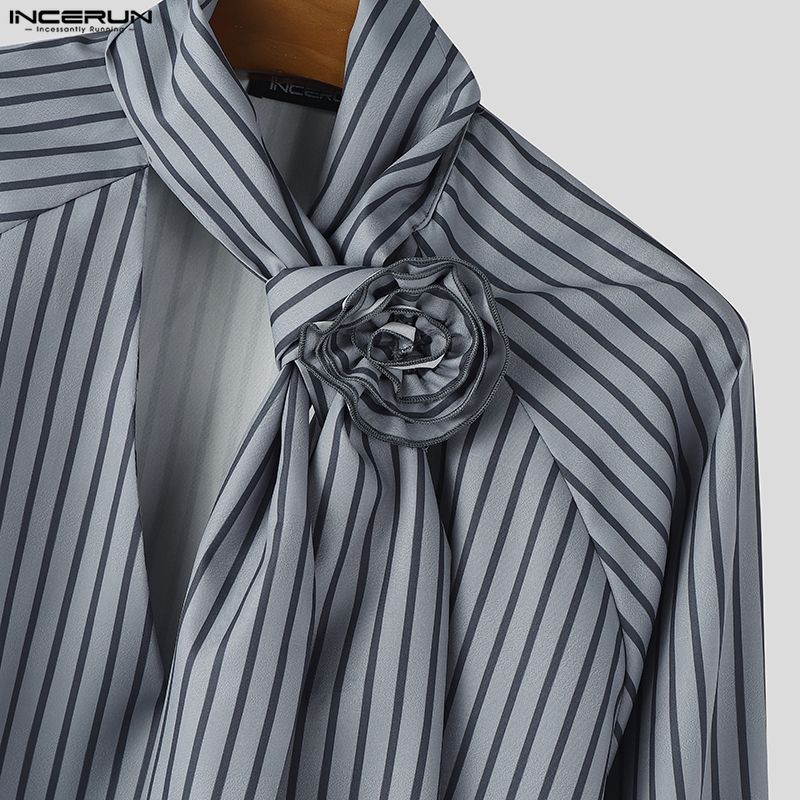INCERUN Elegant Men Flower Tie Up Neck Long Sleeve Striped Casual Shirts Tops