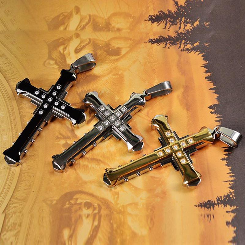 Ins New Cross Pendant Necklace For Men Simple Cool Zircon Black Gold Color Stainless Steel Chain Hip Hop Punk Jewelry Gift
