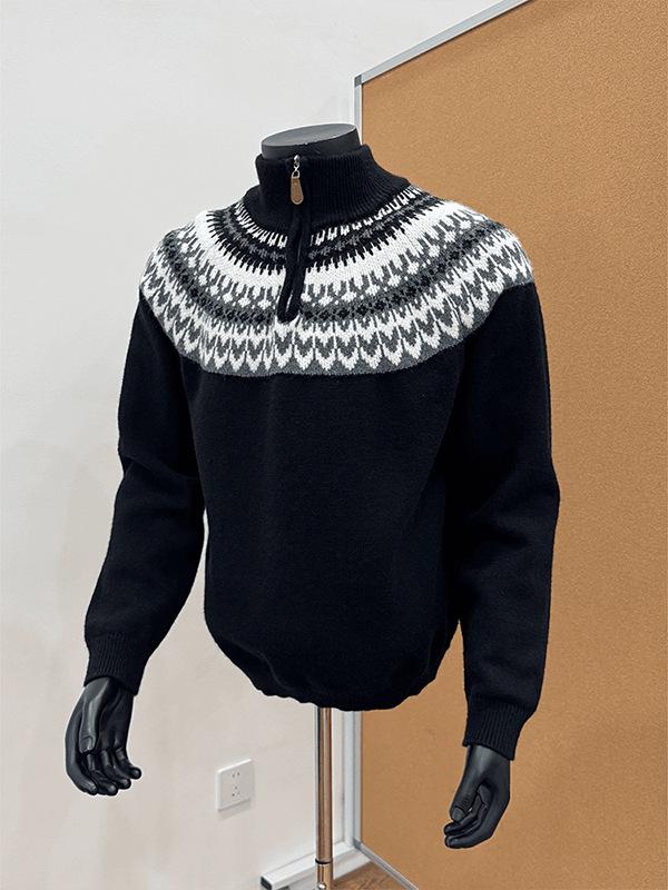 Men's Grey Fair Isle Half-Zip High Neck Sweater - Autumn/Winter Jacquard Knitwear