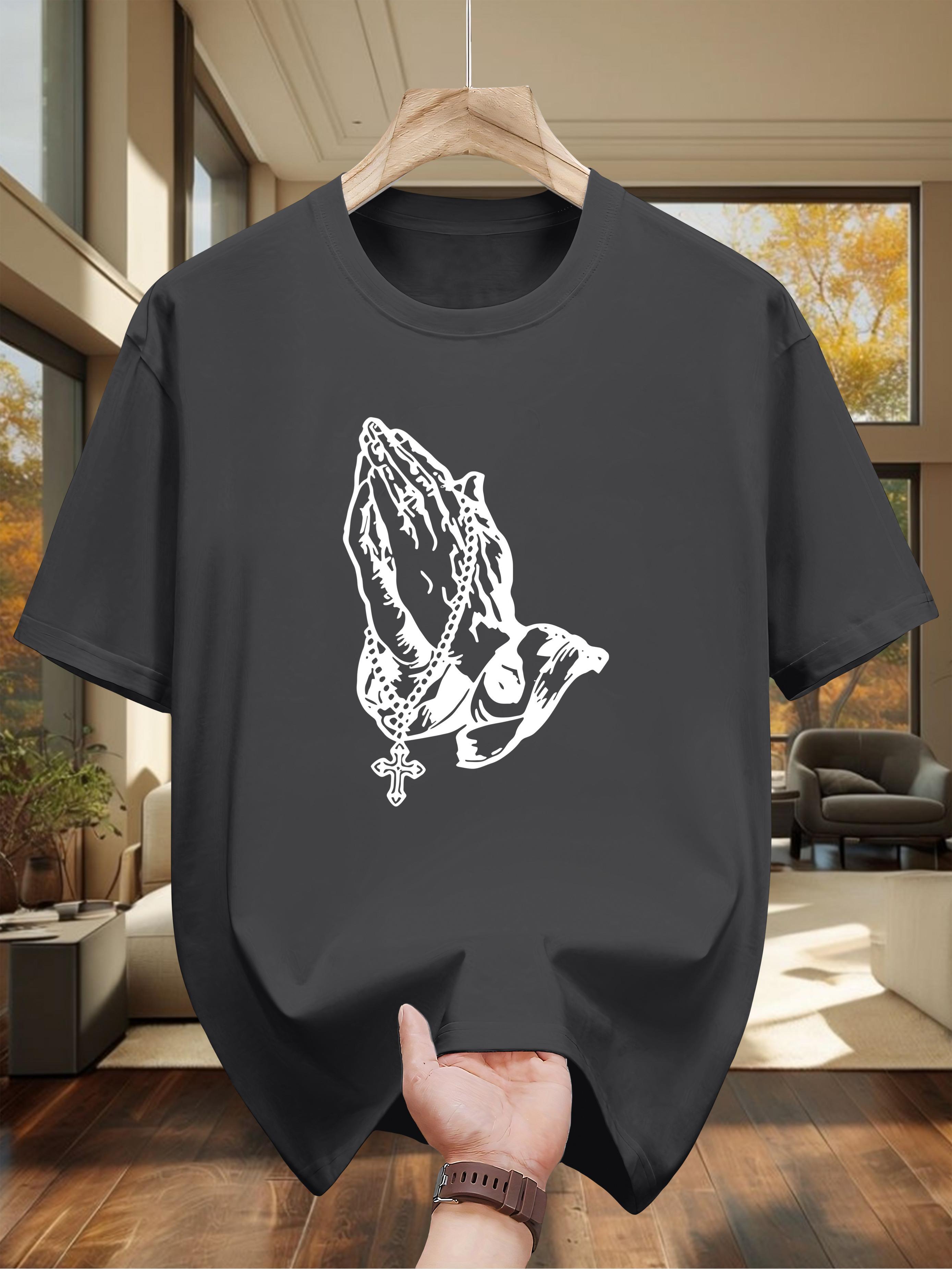Graphic T-shirt - Black Casual Crew Neck Short Sleeve Tee with Stylish Geometric Praying Hands Design M