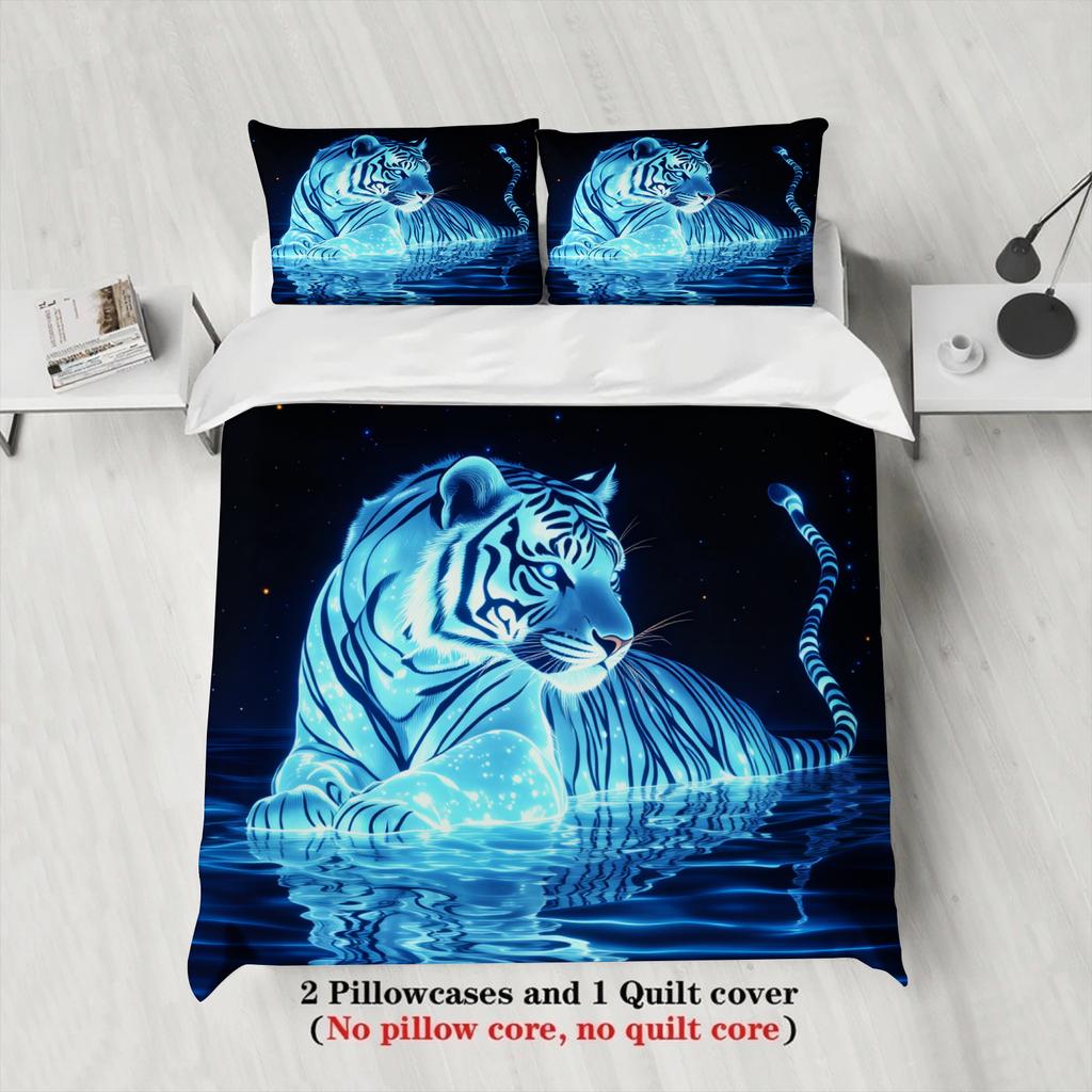 3pcs Tiger Bedding Sets 3D Printed Blue Tiger Pattern Wrinkle Resistant Breathable Duvet Cover Sets With Pillowcases No Filling