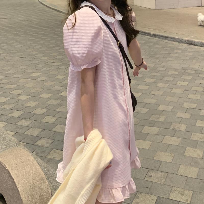 

Милая сестра Tiancai светло-розовое вафельное кружевное воротник с пузырьковыми рукавами, короткое стильное платье, кукольная юбка L