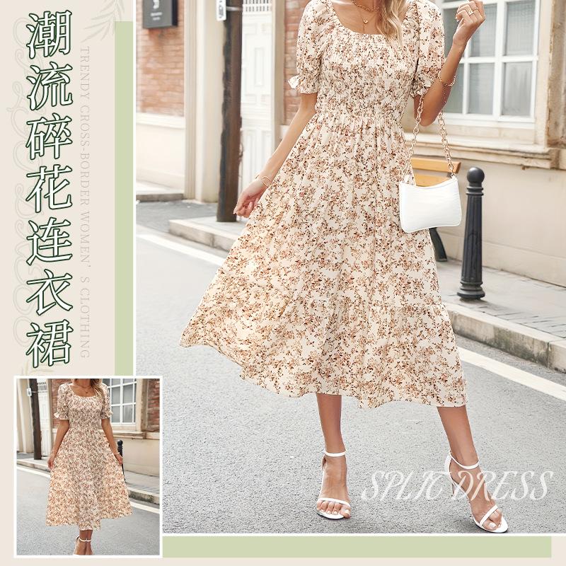 Elegant floral dress women's fashion slim-fitting simple short-sleeved dress loose and thin light long dress