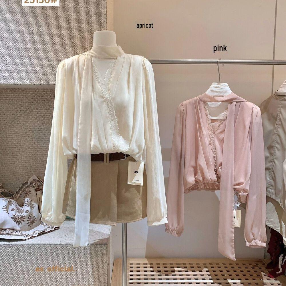 Elegantes Patchwork-Spitzenhemd mit V-Ausschnitt und langen Ärmeln für Damen – Herbst 2025 Mode