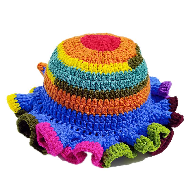 Colorful Crochet Ruffle Bucket Hat Warm Stretch Knit Hat New Year Celebration Women'S Fashion Handmade Beanie Hat