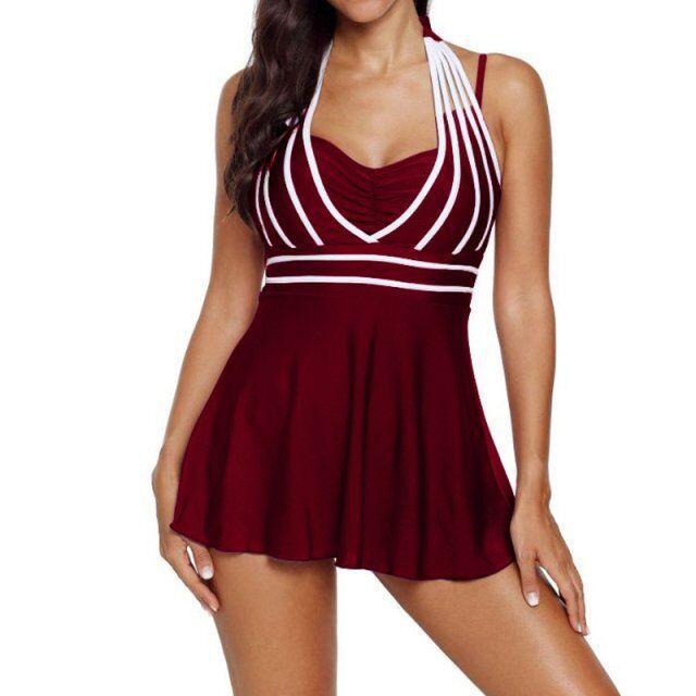 Große Bademode für Damen M-5XL Schlanker Badeanzug Mit Höschen Rückenfreies Tankini-Set KTB L rot