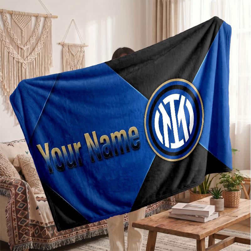 Inter Milan Personalized Fleece Blanket With Football Logo, Custom Name Text Soft Warm Home Throw Blanket