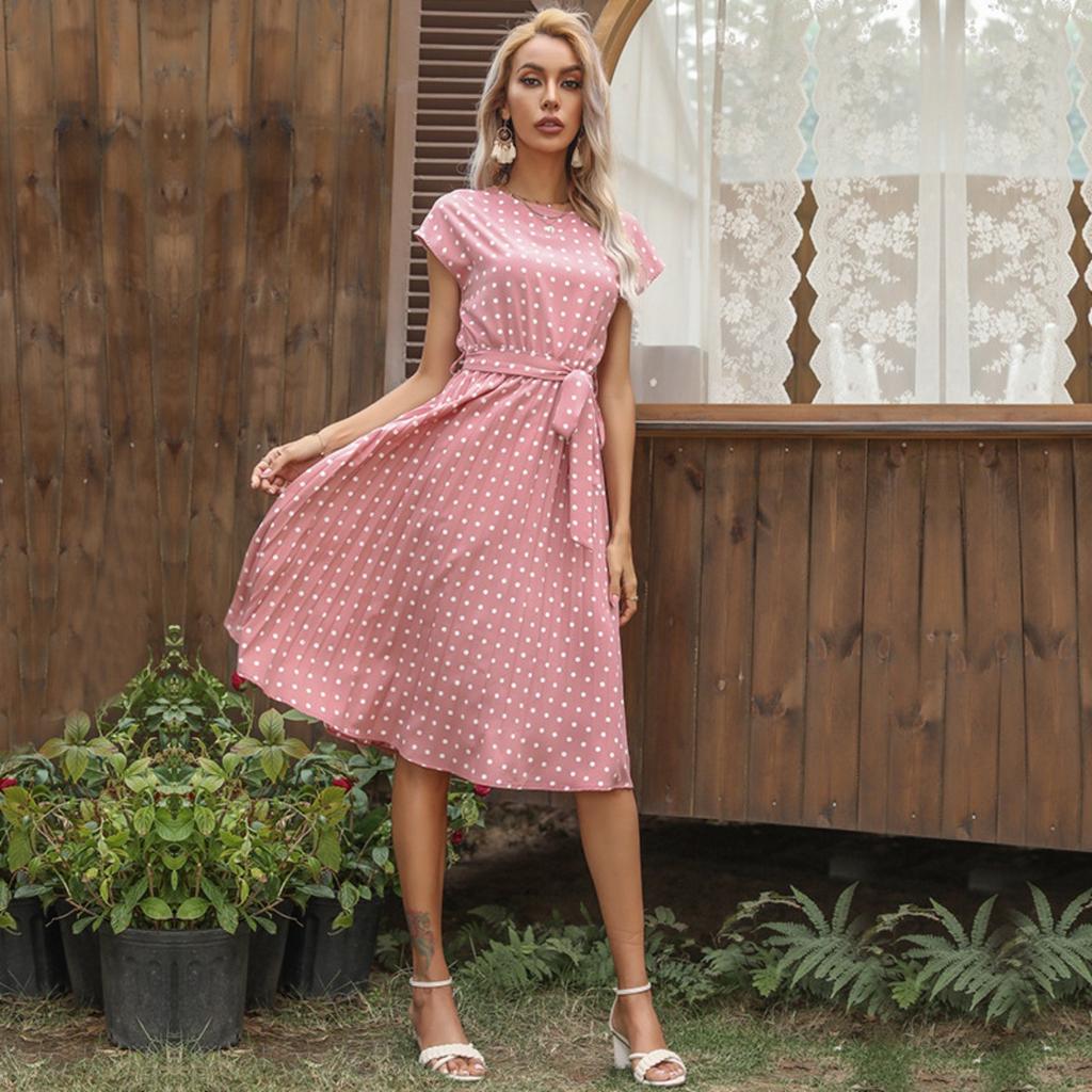 Summer Retro Elegant Polka Dot Ruched Short Sleeve Dress for Women, European American Style, Hot Selling Casual Dress