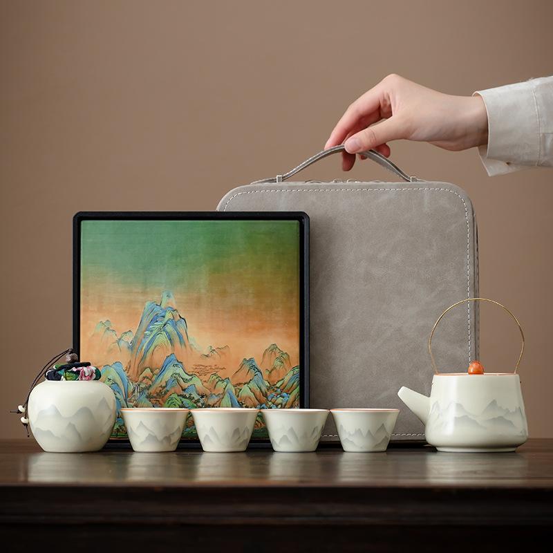 

Ru Kiln Ink Landscape Beam Pot Set Outdoor Portable Kuaike Cup Kung Fu Tea Set Business Gifts Gifts