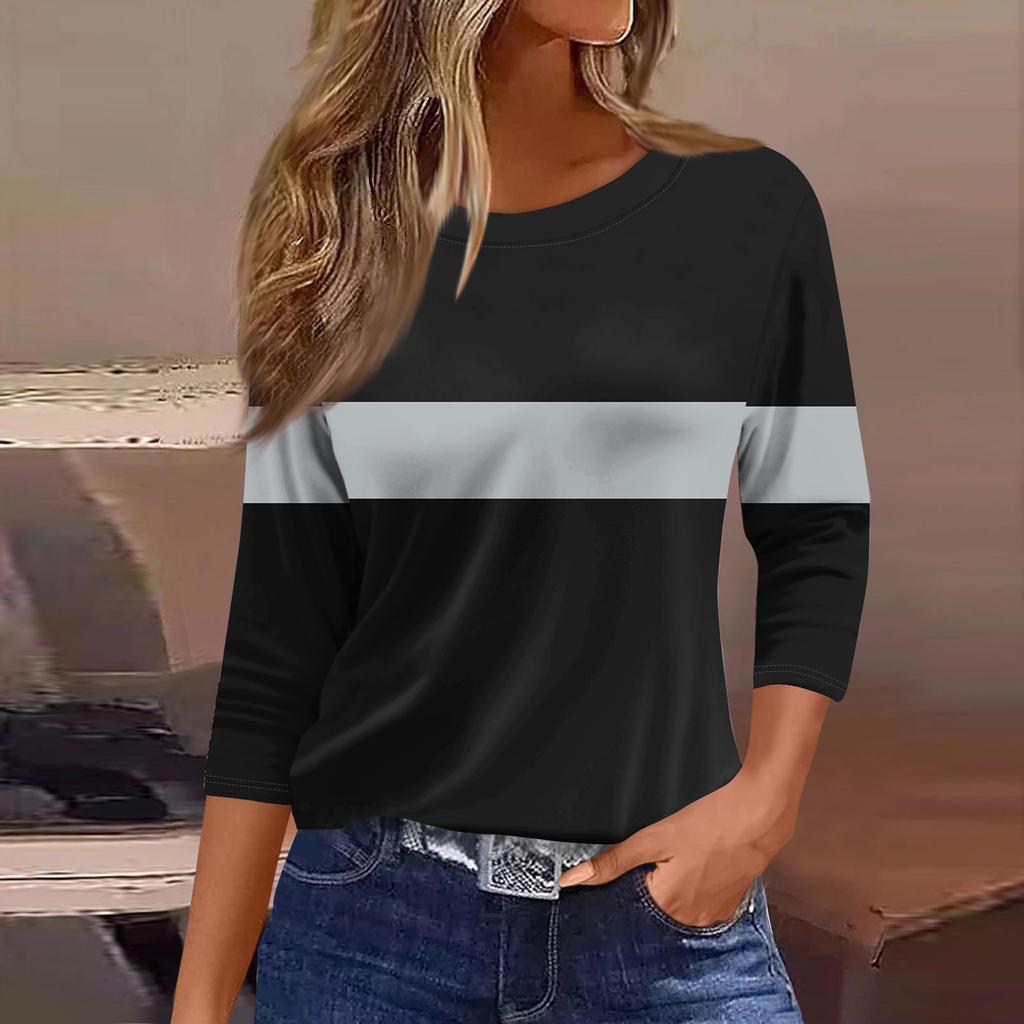 Damen Modisches Lässiges Rundhals-T-Shirt Mit Gestreiftem Patchwork-Druck Und Dreiviertelärmeln