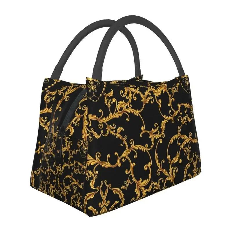 Luxury Golden Europe Floral Insulated Lunch Bag for Work Office Leakproof Thermal Cooler Lunch Box Women