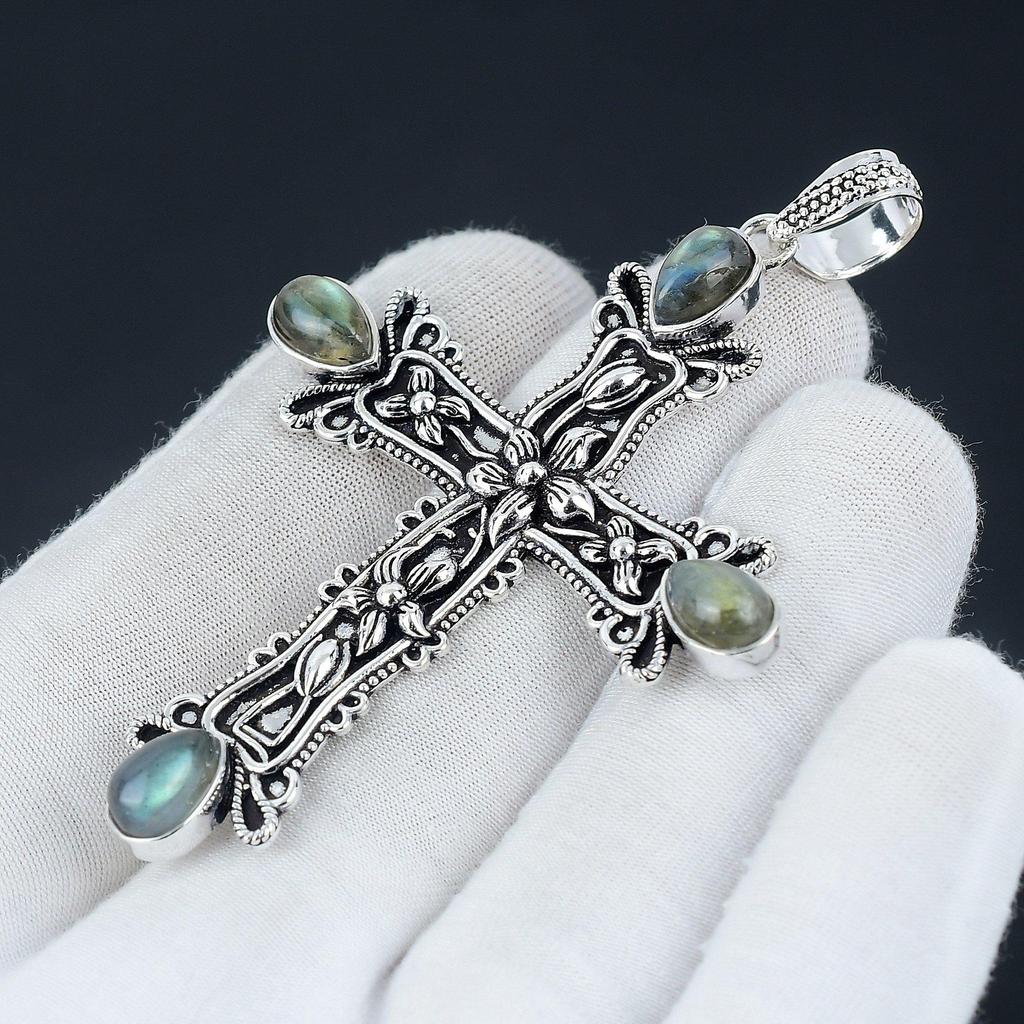 Labradorite Gemstone Pendant Labradorite Natural Gemstone Handmade 925 Sterling Silver Cross Pendant For Gifts Pendant For Her,Women Jewelry
