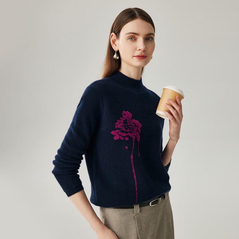 Zhaojun Women's Thickened 100% Cashmere Semi-Turtleneck Jacquard Sweater