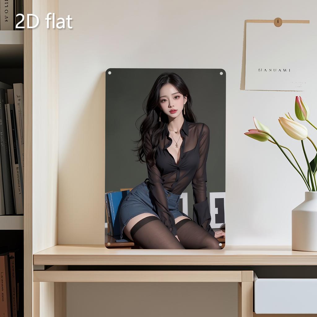 HD Metal Tin Sign Elegant Sheer Blouse Office Lady Portrait Wall Art Decor For Home Bedroom Decoration