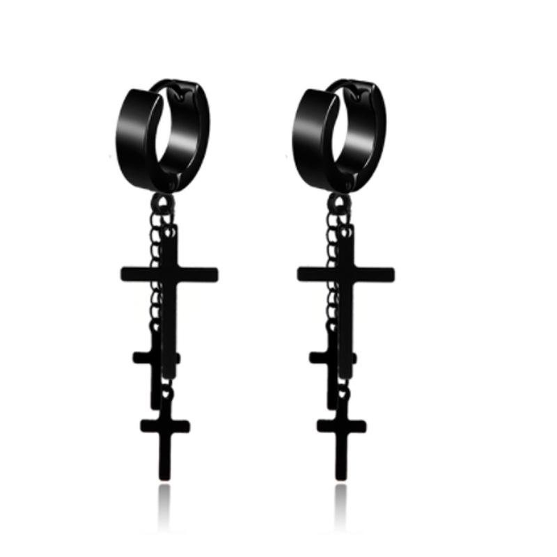 Orecchini a Catena Croce in Acciaio Inossidabile Nero Punk per Donna e Uomo - Gioielli Moda Retro Hip Hop