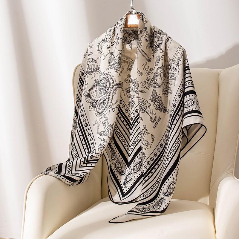 Silk Wool Black and White Cartoon Wool Scarf Silk Scarf Mulberry Silk Large Square Scarf Autumn and Winter Warm and Elegant Ladies Square Scarf