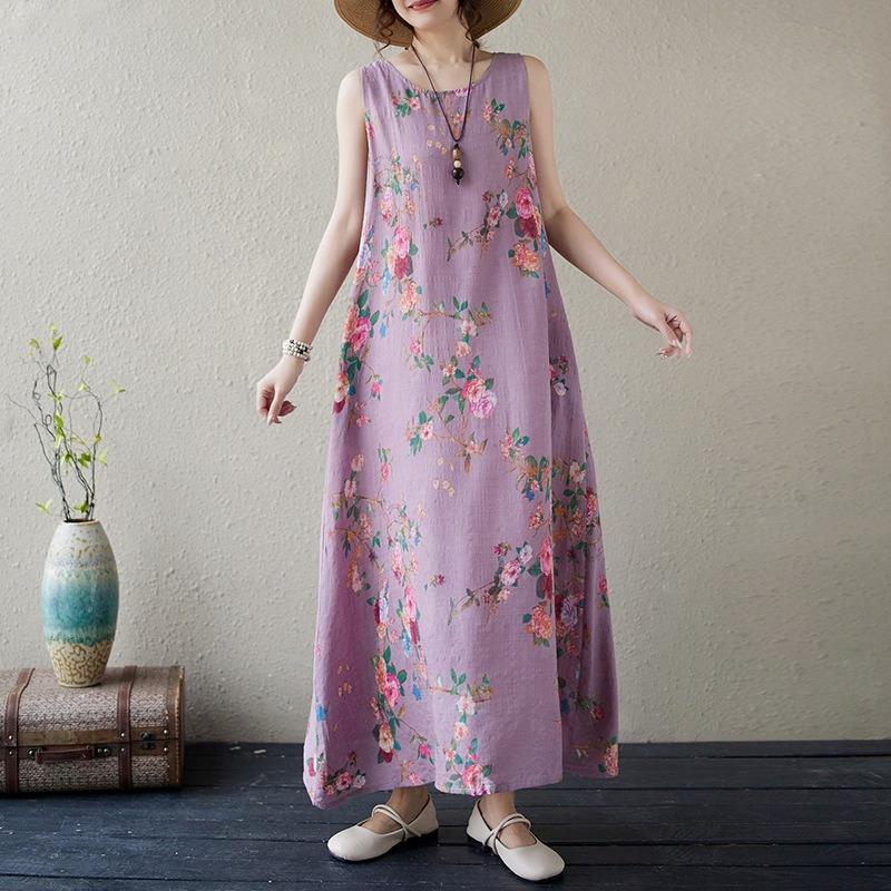 Real summer new cotton and linen printing retro literary and artistic fattening enlarged sleeveless vest medium and long dress women