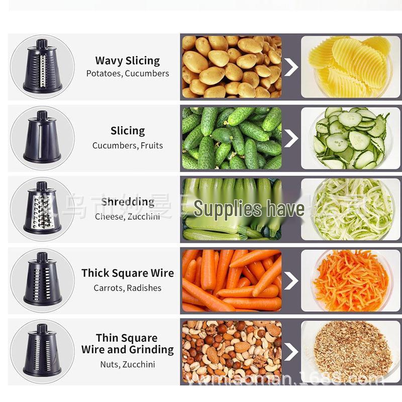 5-in-1 Stainless Steel Hand-Crank Vegetable Slicer, Grater, and Grinder with Rotary Drum and Wave Blade