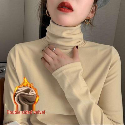 Camiseta de Invierno para Mujer de Terciopelo Doble Cara, Cuello Alto, Manga Larga, Corte Ajustado