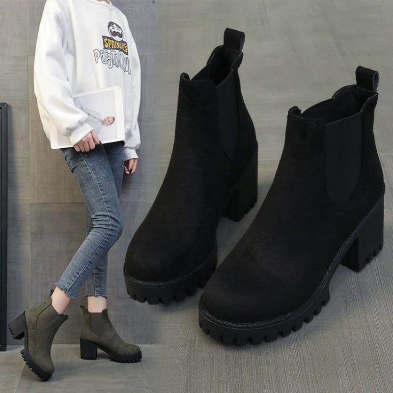 Women's Autumn and Winter Single Boots Women's Thick Heel Martin Boots Thick Sole British Style Round Toe Short Boots High Heel