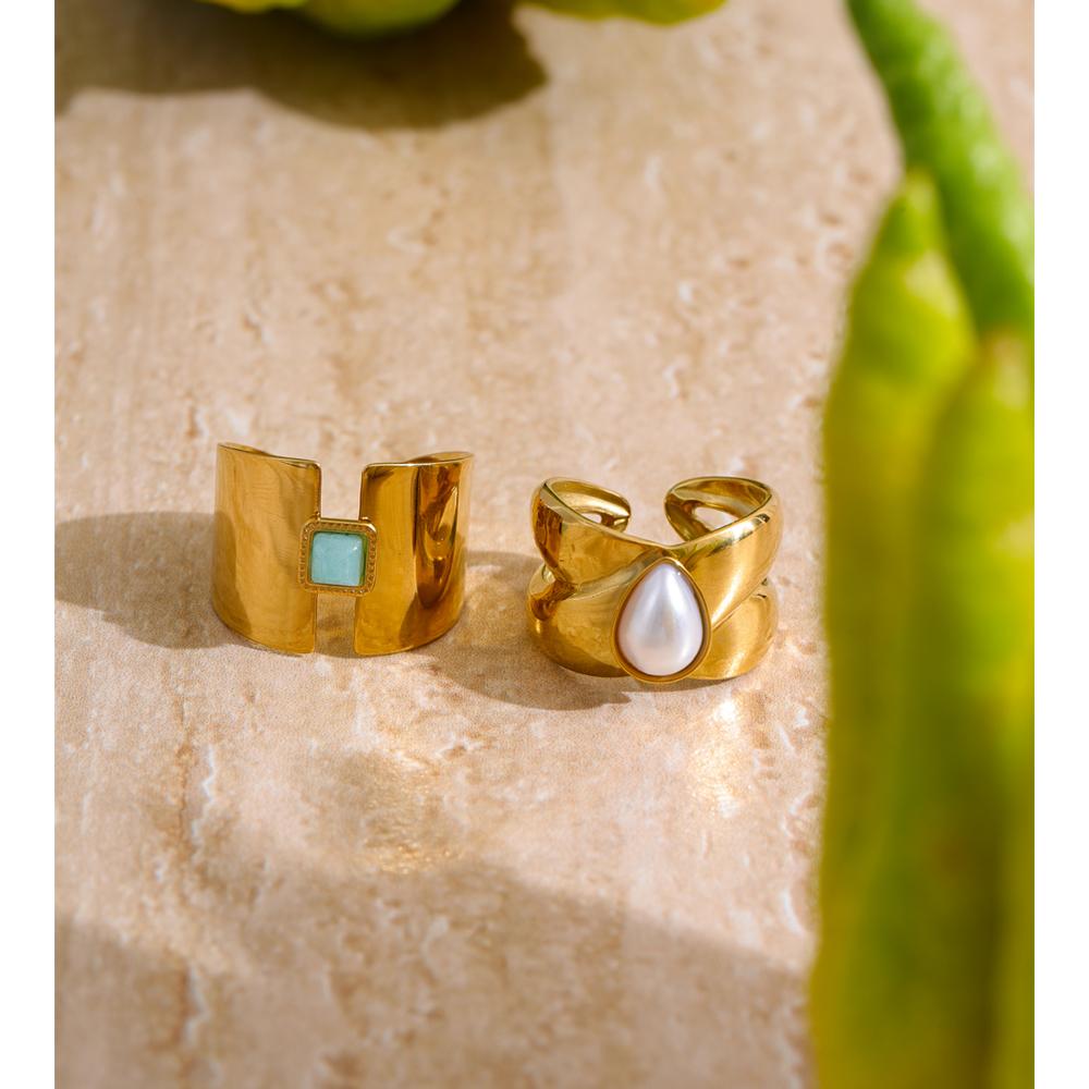 Eetit Natural Amazon Stone Pearl Open Golden Cast Ring for Women Glossy Stainless Steel Charm Jewelry Tarnish Resistant